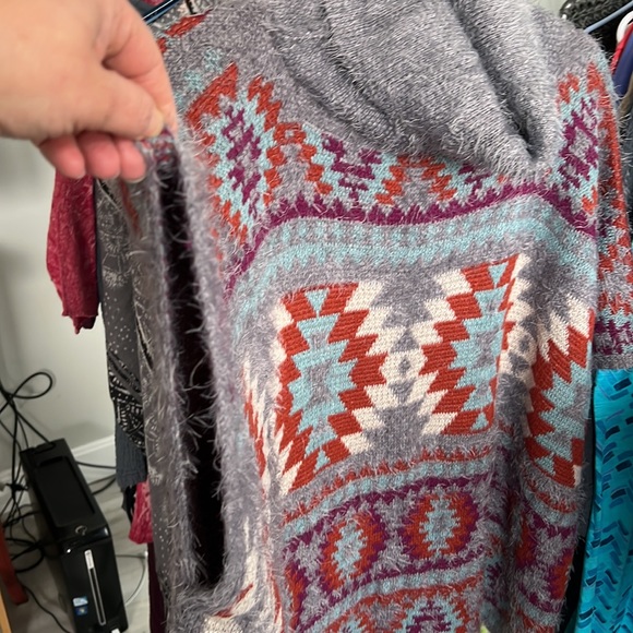 Soft warm poncho sweater multi color red gray blue and purple. - Picture 3 of 4